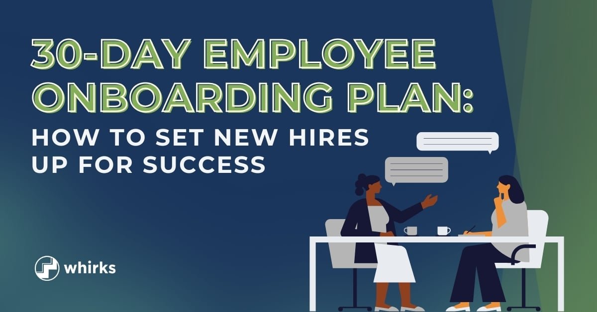 Illustration of two employees meeting at a desk next to text reading, 