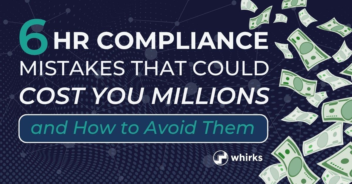Graphic illustrating HR compliance risks with falling dollar bills and bold text about costly HR compliance mistakes, highlighting how businesses can avoid expensive employment law and workplace compliance violations.