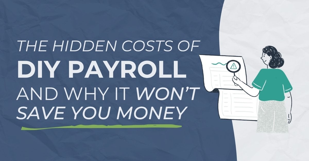 Graphic illustration of a person reviewing a payroll document with a warning symbol. Blog title overlay:
