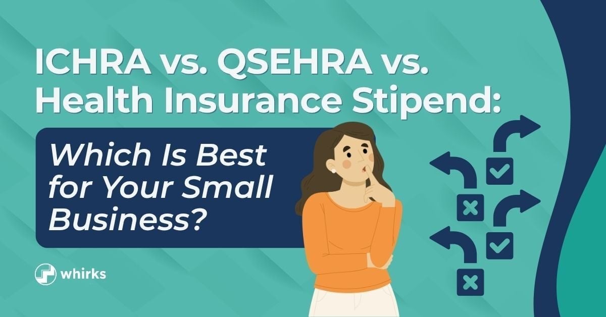 Whirks-branded blog thumbnail image with an illustration of a business owner trying to make a decision between different types of health plans for her small business.