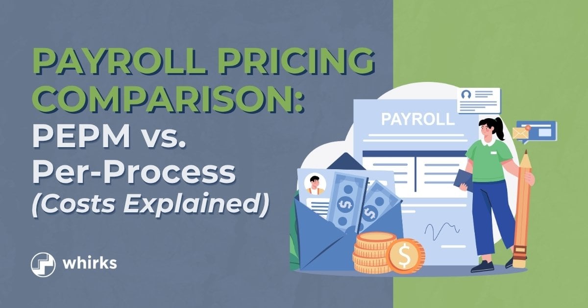 Payroll pricing comparison between PEPM and per-process models, highlighting cost structures for payroll services with illustration of person with payroll documents and money icons.