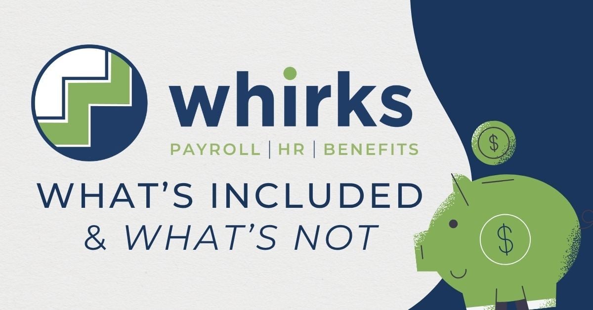 Whirks Payroll, HR, Benefits graphic featuring a green piggy bank and the title: