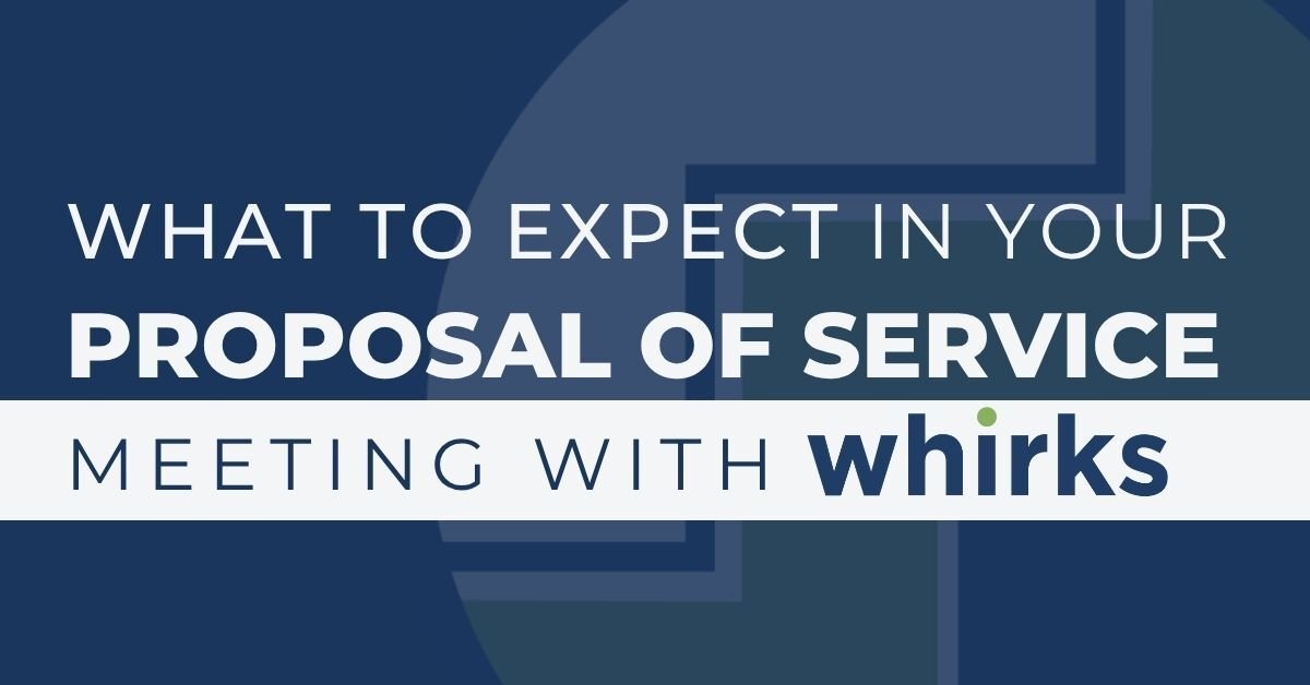 graphic with text overlayed transparent logo on background 'what to expect in your proposal of service meeting with whirks'