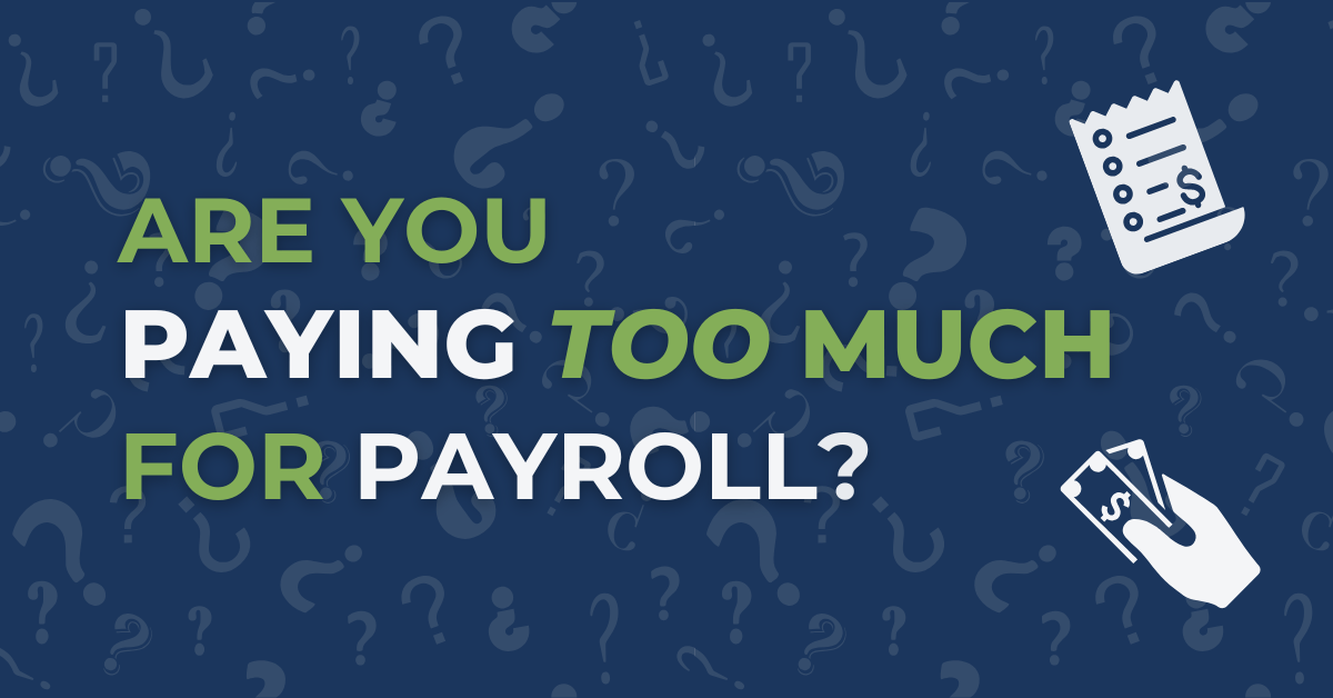 Are you overpaying for payroll? on a blue background with transparent question mark patterns.