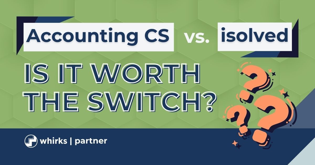 Accounting CS vs. isolved payroll software comparison graphic with text reading 