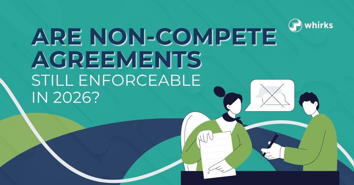 Illustration of two professionals reviewing and signing a document, representing non-compete agreements and whether they are enforceable.