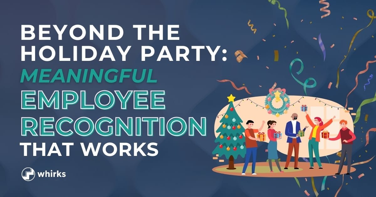 Holiday-themed illustration of employees exchanging gifts at an office celebration, with confetti, a Christmas tree, and the text 