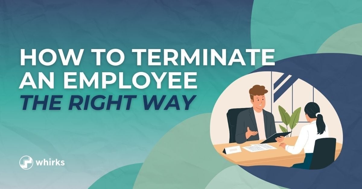 Blog thumbnail image showing how to properly terminate an employee, with an illustration of an employer and an employee meeting at a desk and going over documents.