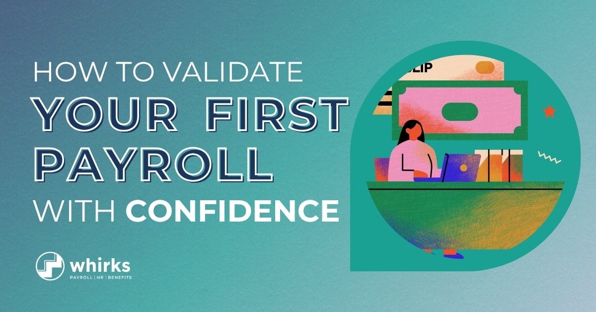 Illustration of a person reviewing payroll on a laptop with text reading, 