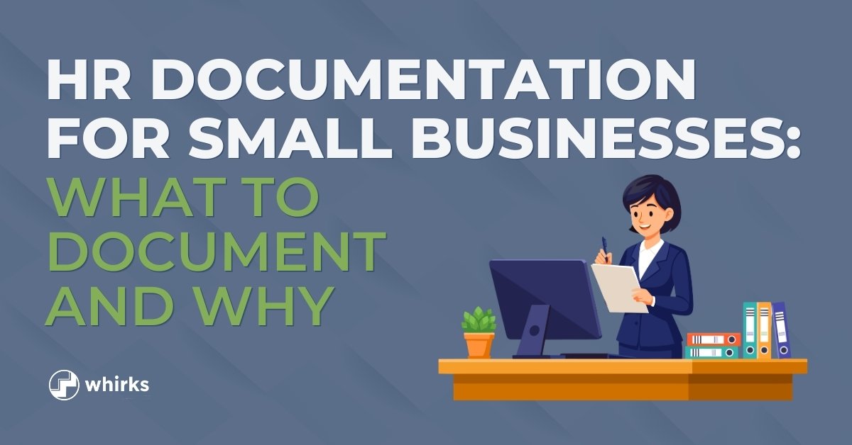 Illustration of an HR professional at a desk reviewing documents with text reading, 