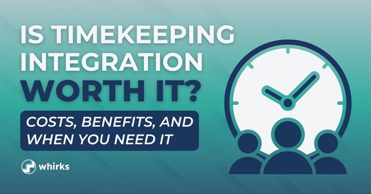 Illustration of clock with employee icons representing time tracking, alongside a headline about timekeeping integration costs, benefits, and timing for implementation.