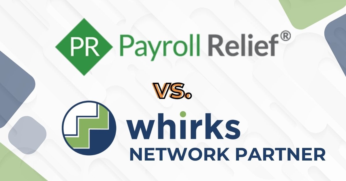 Logo comparison graphic featuring Payroll Relief vs. Whirks Network Partner, highlighting two different payroll solutions for accounting firms