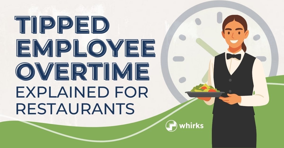 Illustration of a restaurant server holding a plate in front of a clock beside text reading 