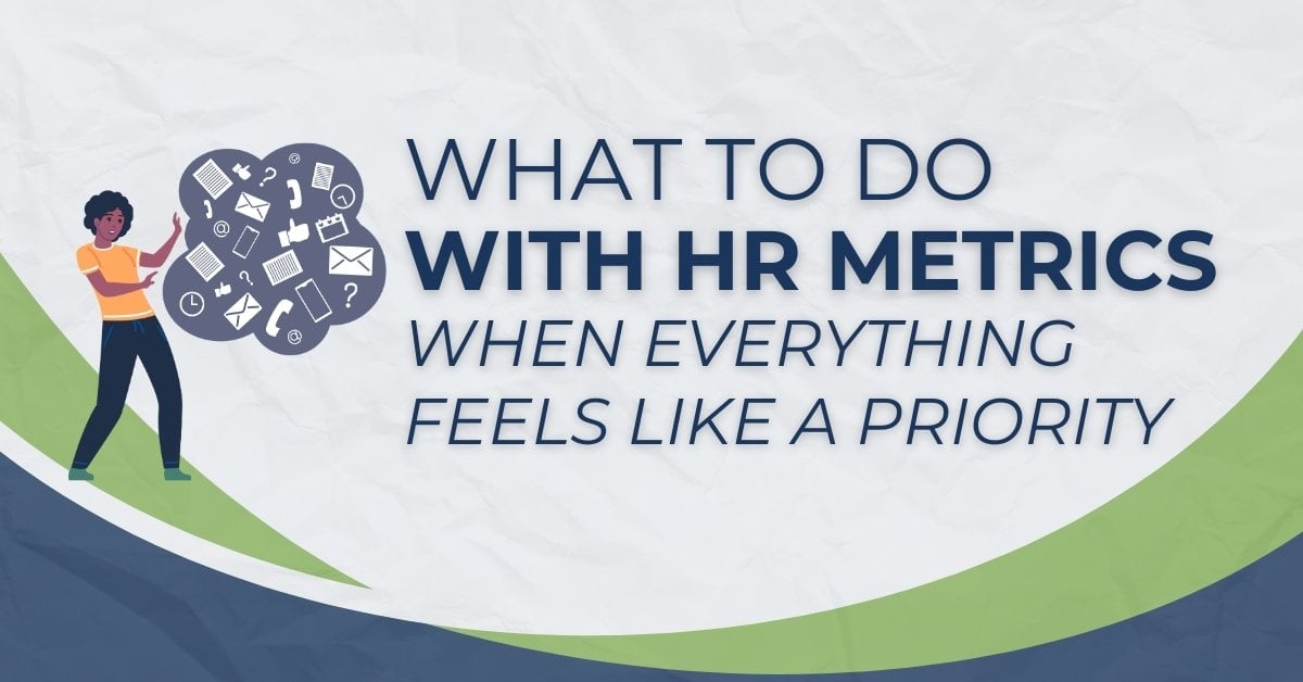Illustration of an HR professional sorting through multiple data points, representing how to prioritize HR metrics when everything feels urgent.