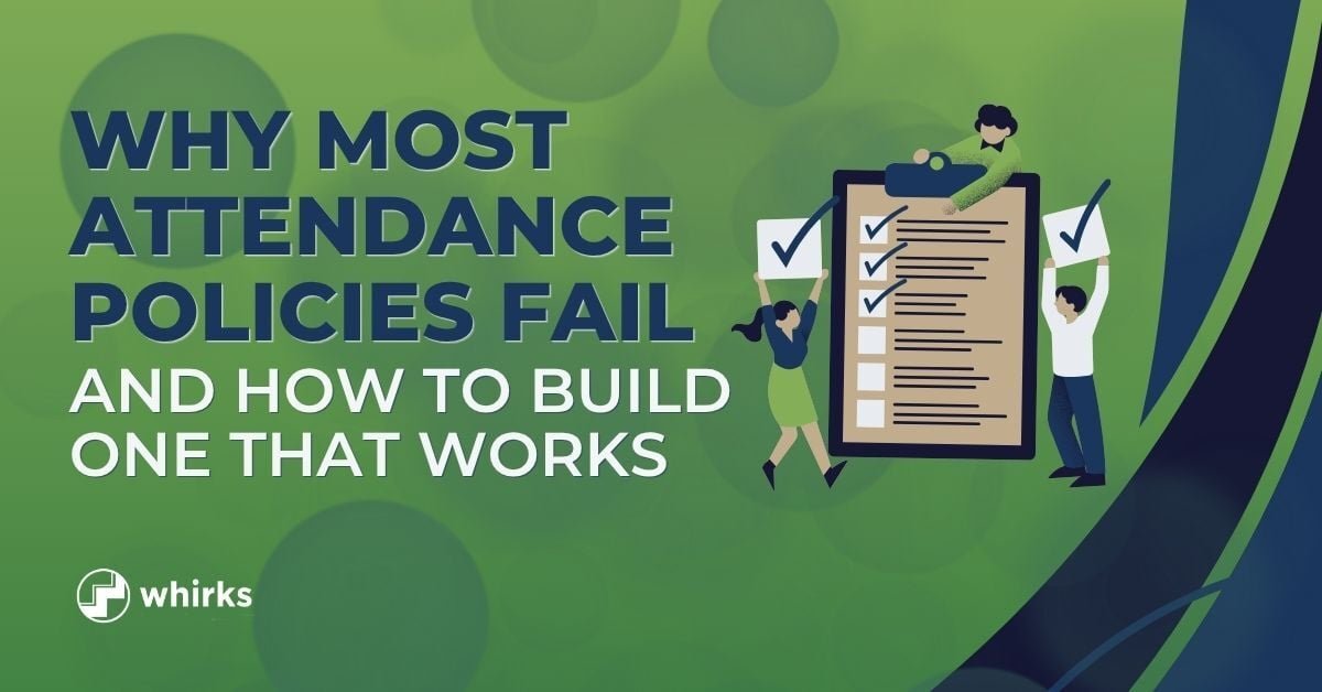 Whirks branded blog thumbnail image explaining why attendance policies fail for small businesses and how to build an effective employee attendance policy, featuring an illustration of employees reviewing a checklist.