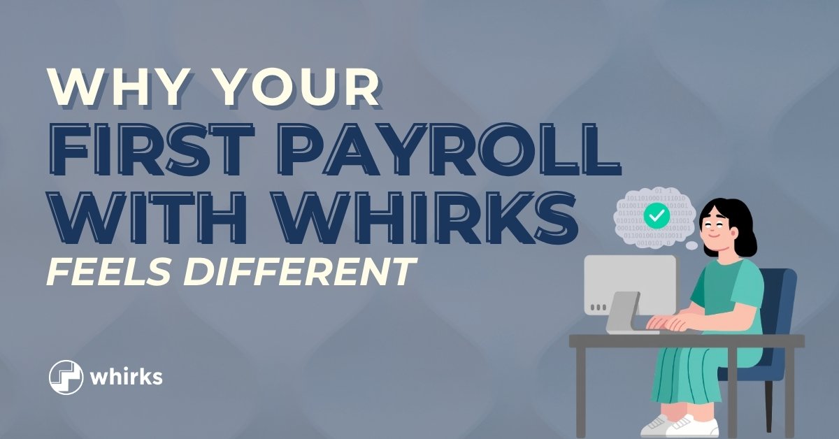 Illustration of a smiling person with a green checkmark inside a thought bubble completing payroll on a computer with text reading, 