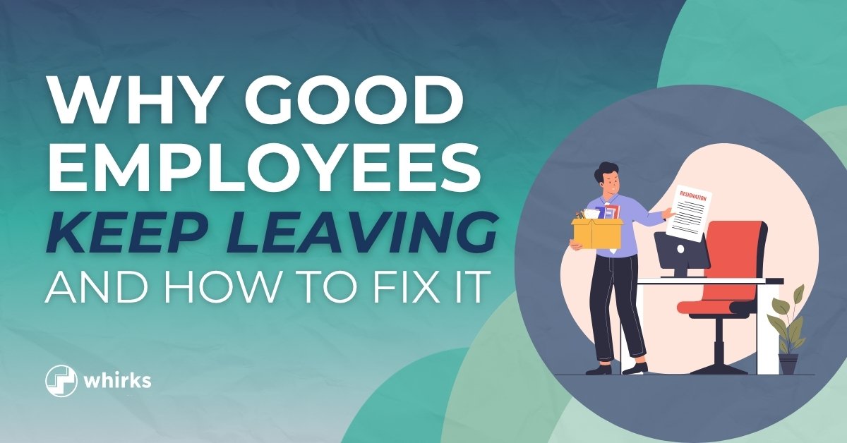 Illustration of an employee leaving a job with a box and resignation letter with text reading 