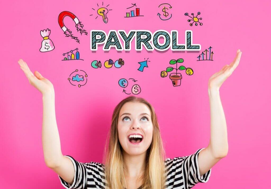 Payroll concept with young woman reaching and looking upwards